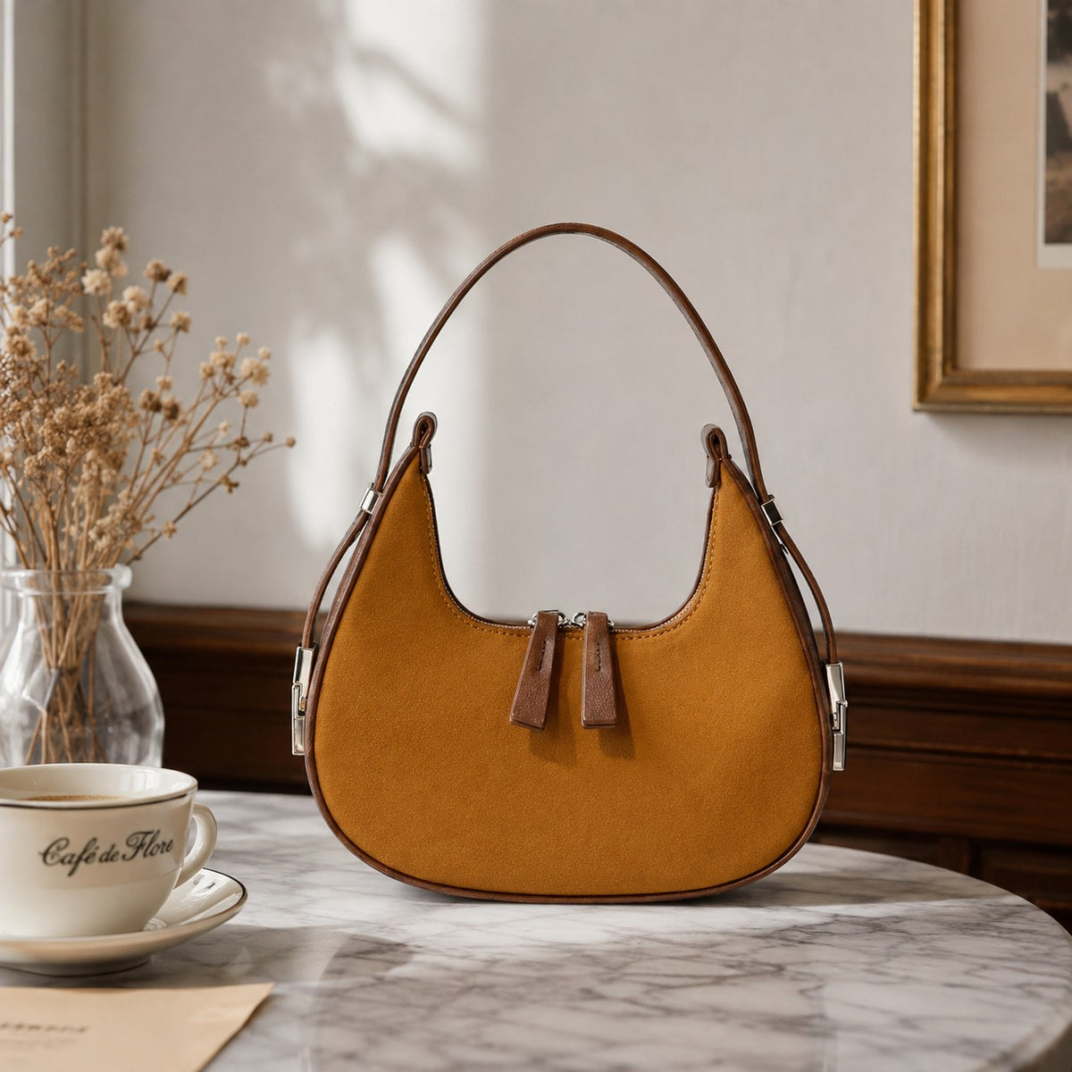 VALENORA brown suede and leather French shoulder bag with a rounded silhouette sitting on a marble table