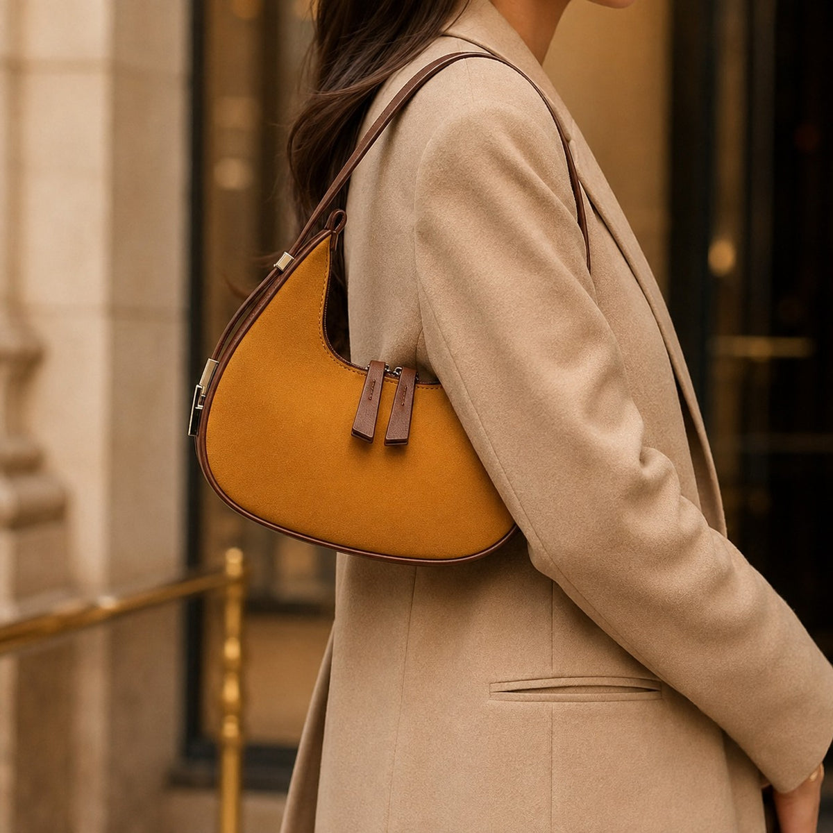 VALENORA French shoulder bag in brown suede and leather with a rounded silhouette worn over a beige blazer