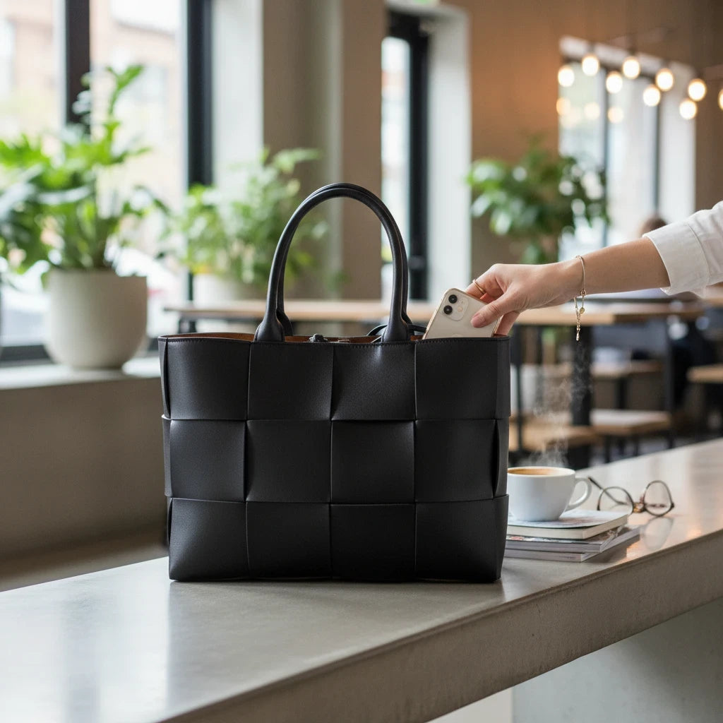 VALENORA Helene black woven leather tote bag on a cafe counter with a hand placing a phone inside.