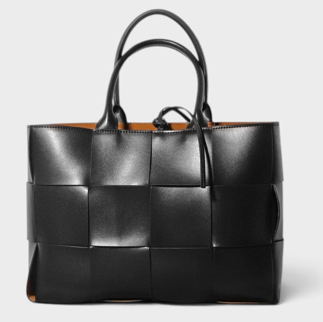 VALENORA Helene black woven leather tote bag with structured design and dual top handles