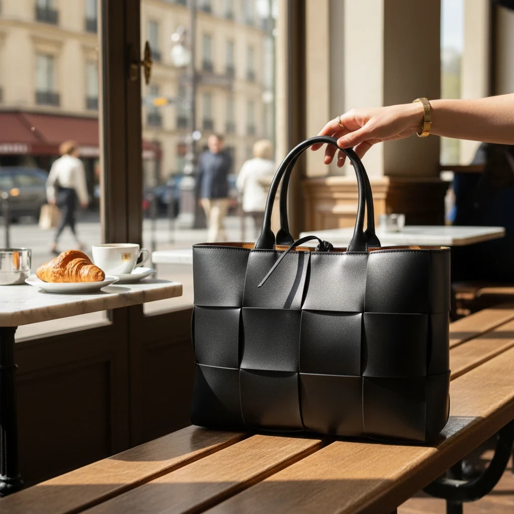 VALENORA Helene black woven leather tote bag held by a hand on a cafe bench with a croissant and coffee in the background