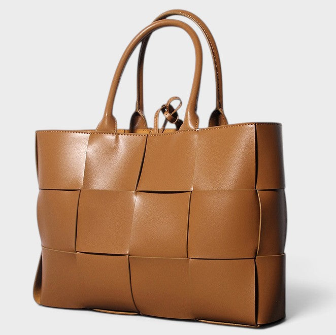 VALENORA Helene brown leather tote bag with a woven grid pattern and structured silhouette