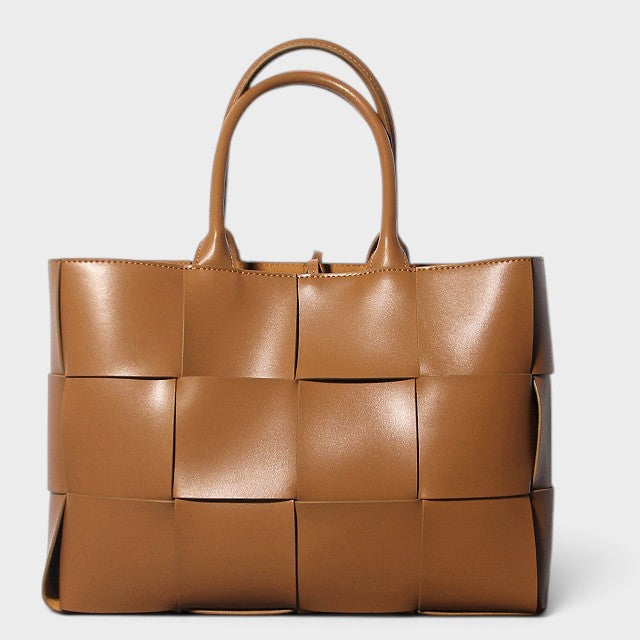 VALENORA Helene tote bag in tan genuine leather with a structured woven square pattern and dual top handles.