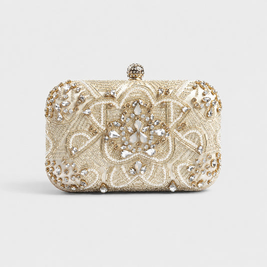 VALENORA Ivy pearl clutch in silver with intricate beadwork and crystal embellishments for formal evening wear.