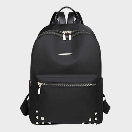 VALENORA Juno black oxford cloth travel backpack with gold stud accents and front zipper pocket