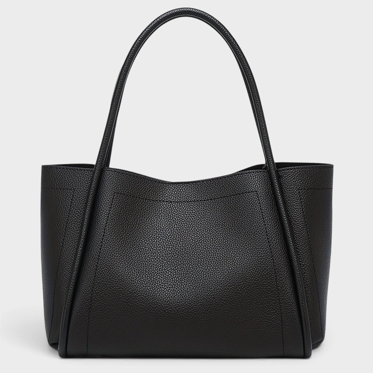 VALENORA Kate structured black vegan leather tote bag with dual top handles and a smooth pebble-grain finish.