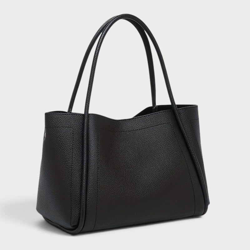VALENORA Kate black vegan leather structured tote bag with dual top handles and a clean minimalist design.