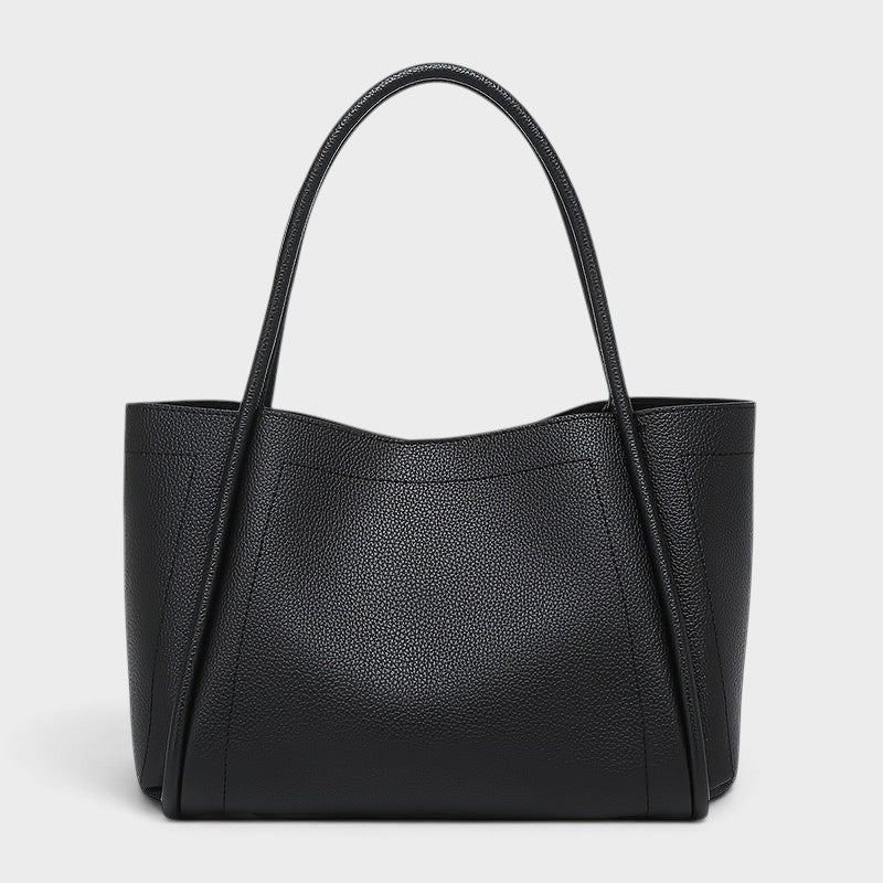 VALENORA Kate structured black vegan leather tote bag with dual top handles and a smooth pebble-grain finish