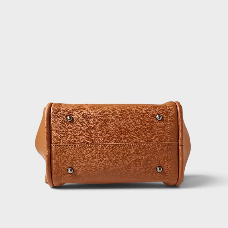 VALENORA Kate tote bag in tan vegan leather showing the bottom base with protective metal feet