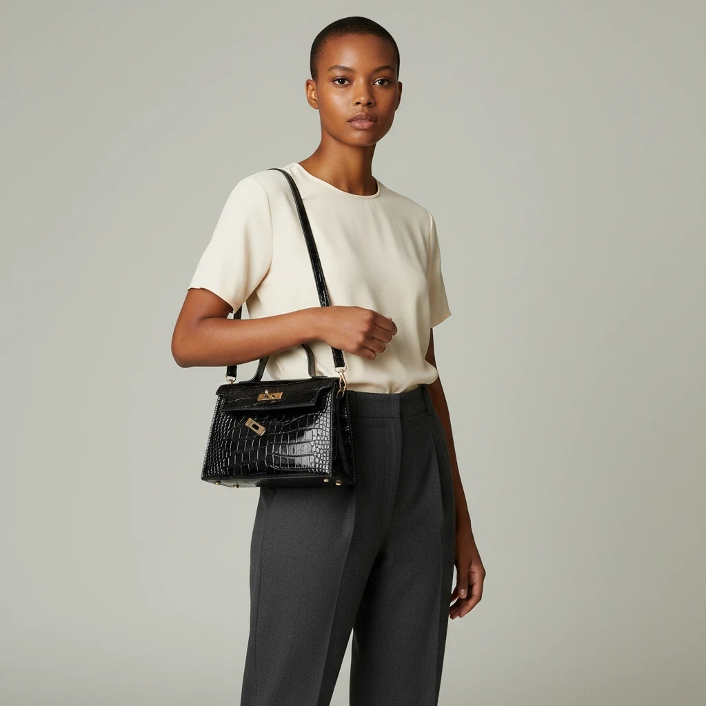 VALENORA Kelly black crocodile-embossed leather crossbody handbag worn by a model in a studio setting.