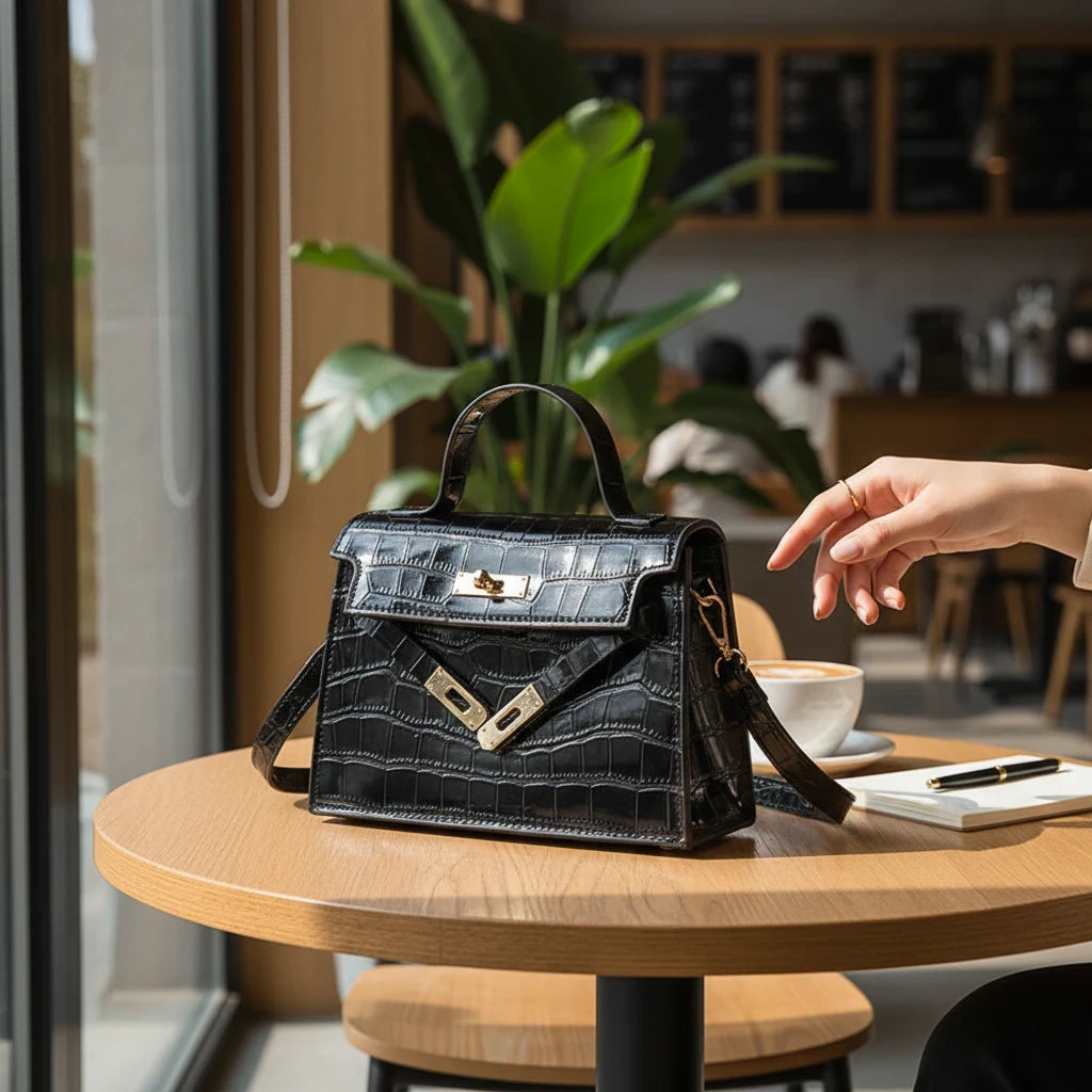 VALENORA Kelly black crocodile-embossed leather crossbody handbag with gold hardware on a wooden cafe table