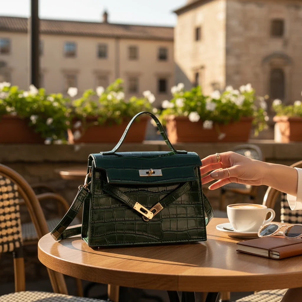 VALENORA Kelly crossbody handbag in dark green crocodile-embossed leather sitting on a cafe table.