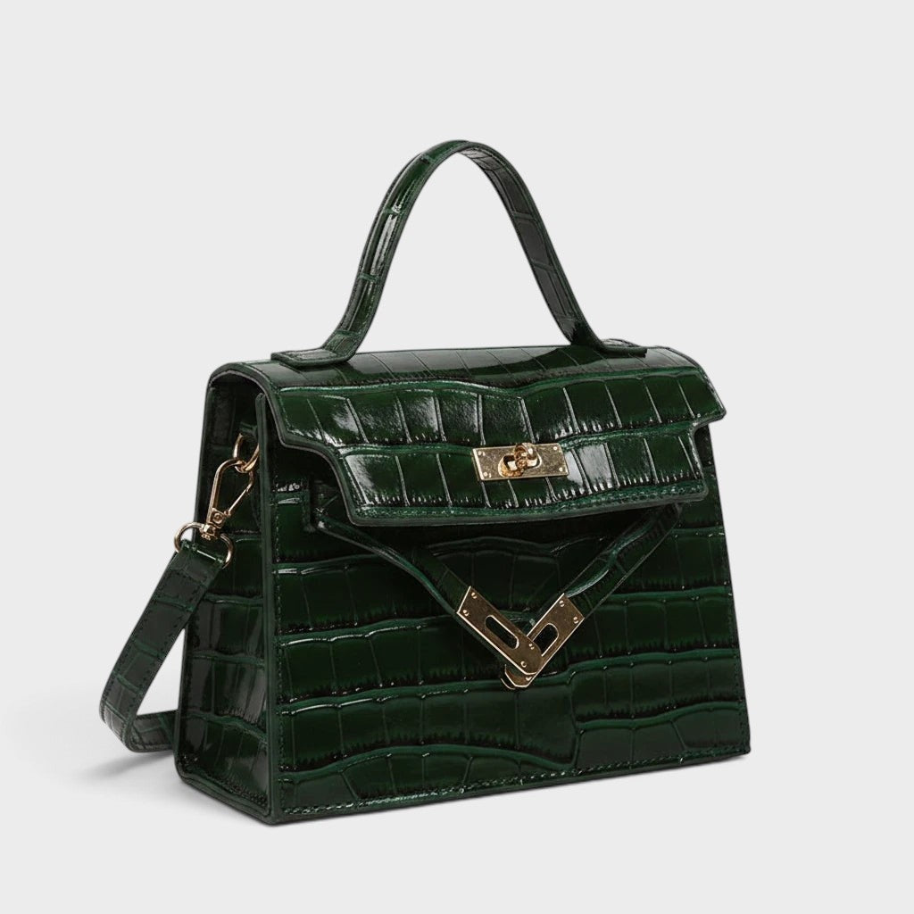 VALENORA Kelly crossbody handbag in dark green crocodile-embossed genuine leather with gold-tone hardware