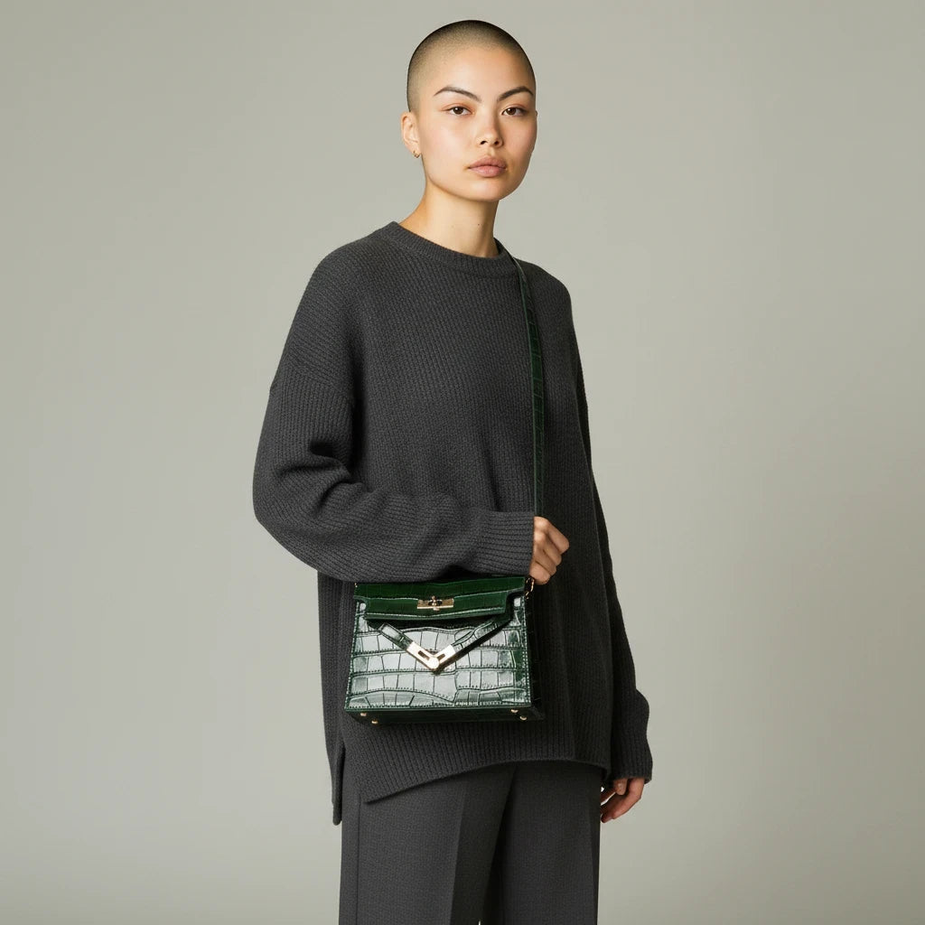 VALENORA Kelly crossbody handbag in dark green crocodile-embossed leather worn by a model in a grey sweater