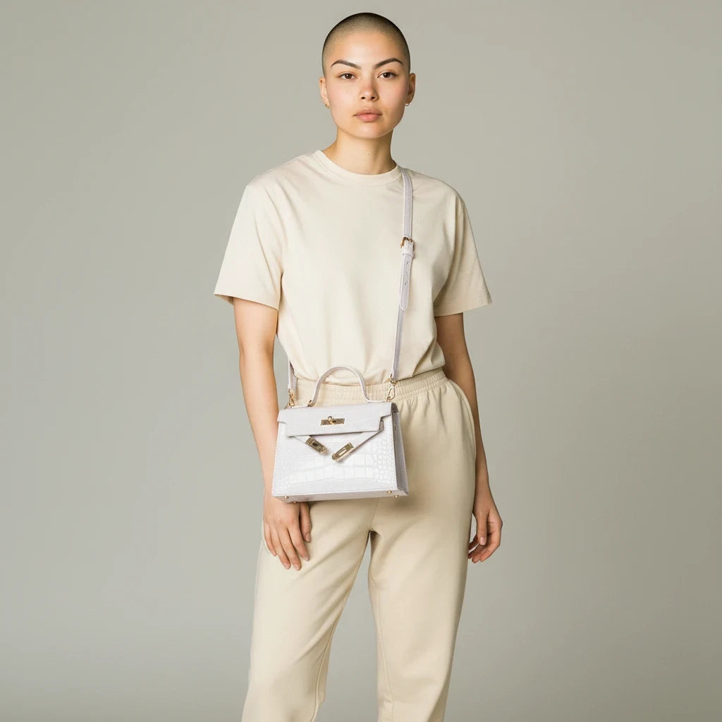 VALENORA Kelly crossbody handbag in light grey crocodile-embossed leather worn by a model in a beige outfit.