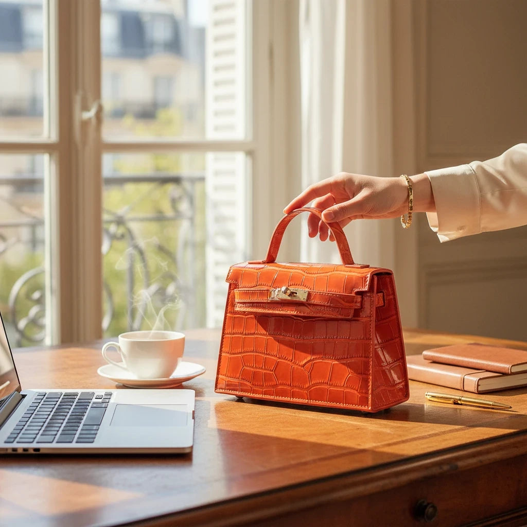 VALENORA Kelly orange crocodile-embossed leather crossbody handbag held on a wooden desk near a window.