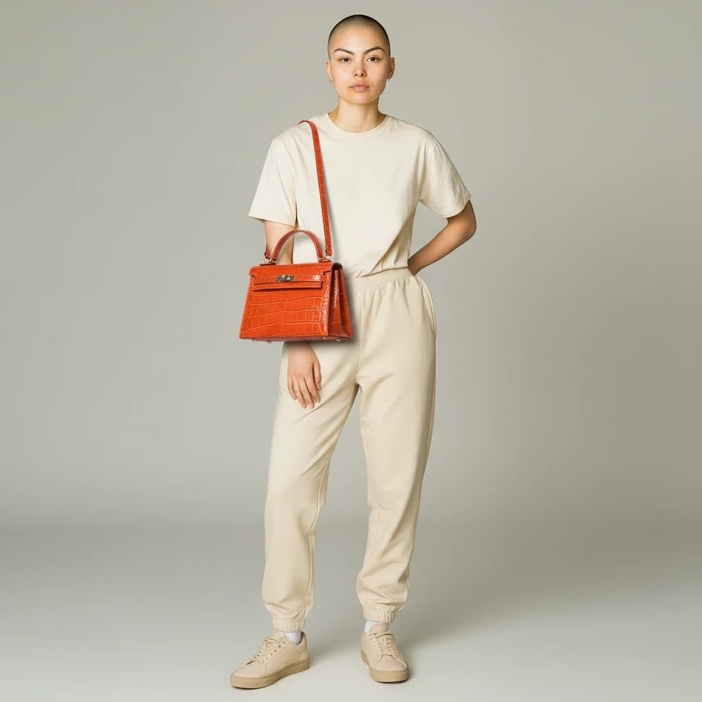 VALENORA Kelly orange crocodile-embossed leather crossbody handbag worn by a model in casual beige loungewear.