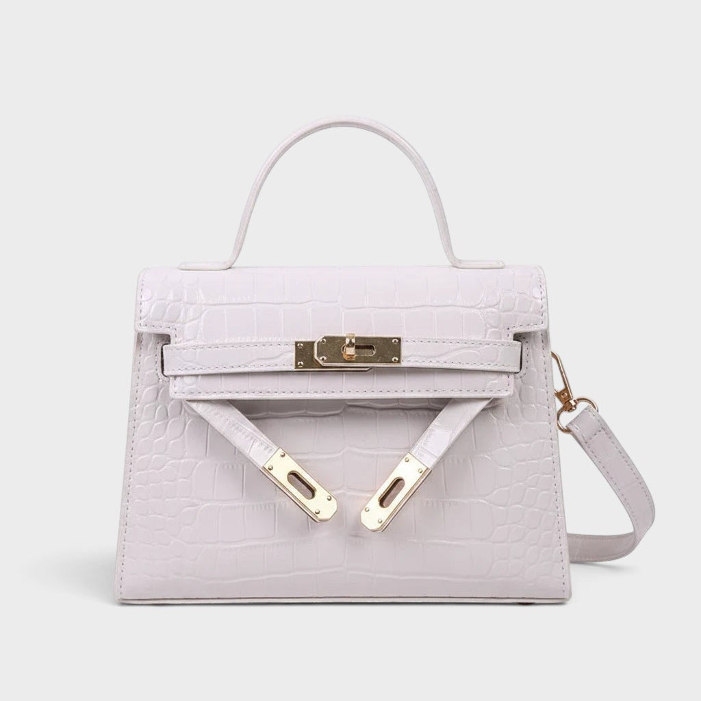 VALENORA Kelly handbag in white crocodile-embossed genuine leather with gold-tone hardware and a crossbody strap.