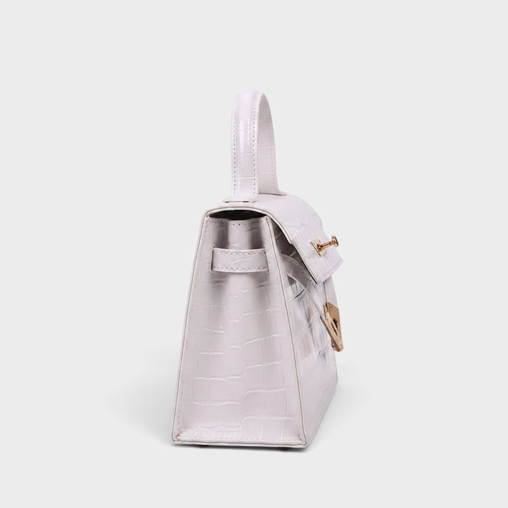 VALENORA Kelly crossbody handbag in white crocodile-embossed genuine leather with a top handle and gold hardware