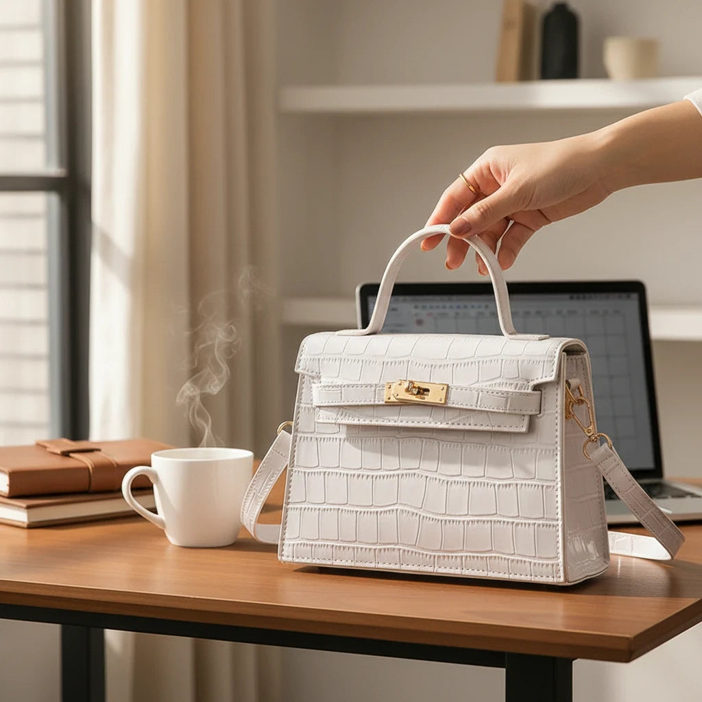 VALENORA Kelly white crocodile-embossed leather crossbody handbag with gold hardware held on a wooden desk.