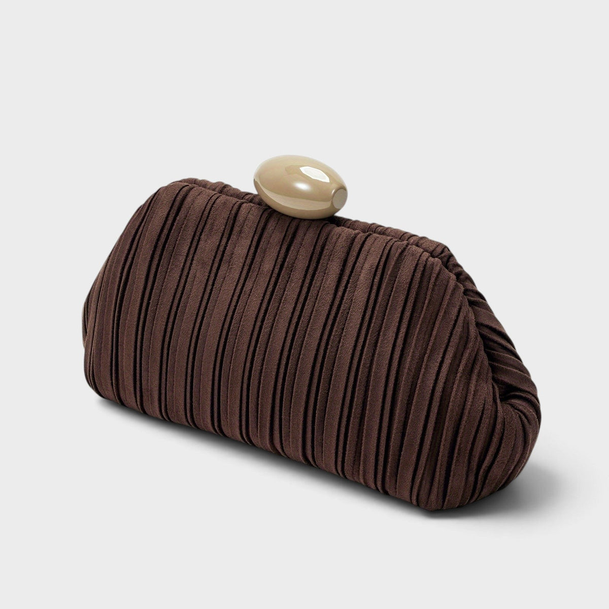 VALENORA Liora brown pleated suede clutch bag with a smooth oval stone-like clasp