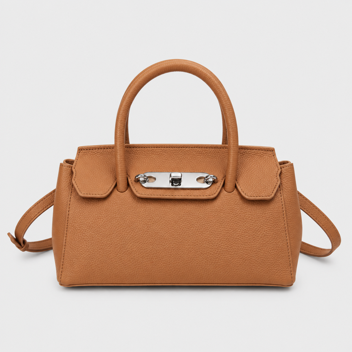 VALENORA Lorraine shoulder bag in tan genuine leather with a structured boxy silhouette and polished silver hardware.