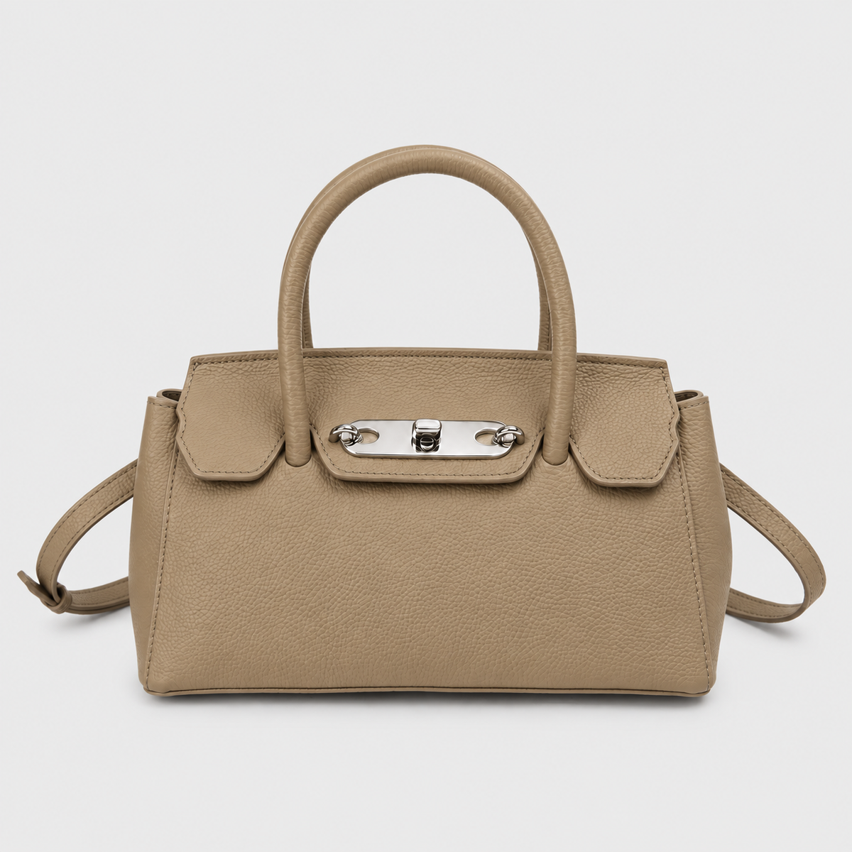 VALENORA Lorraine shoulder bag in taupe genuine leather with a structured boxy shape and polished silver lock buckle.