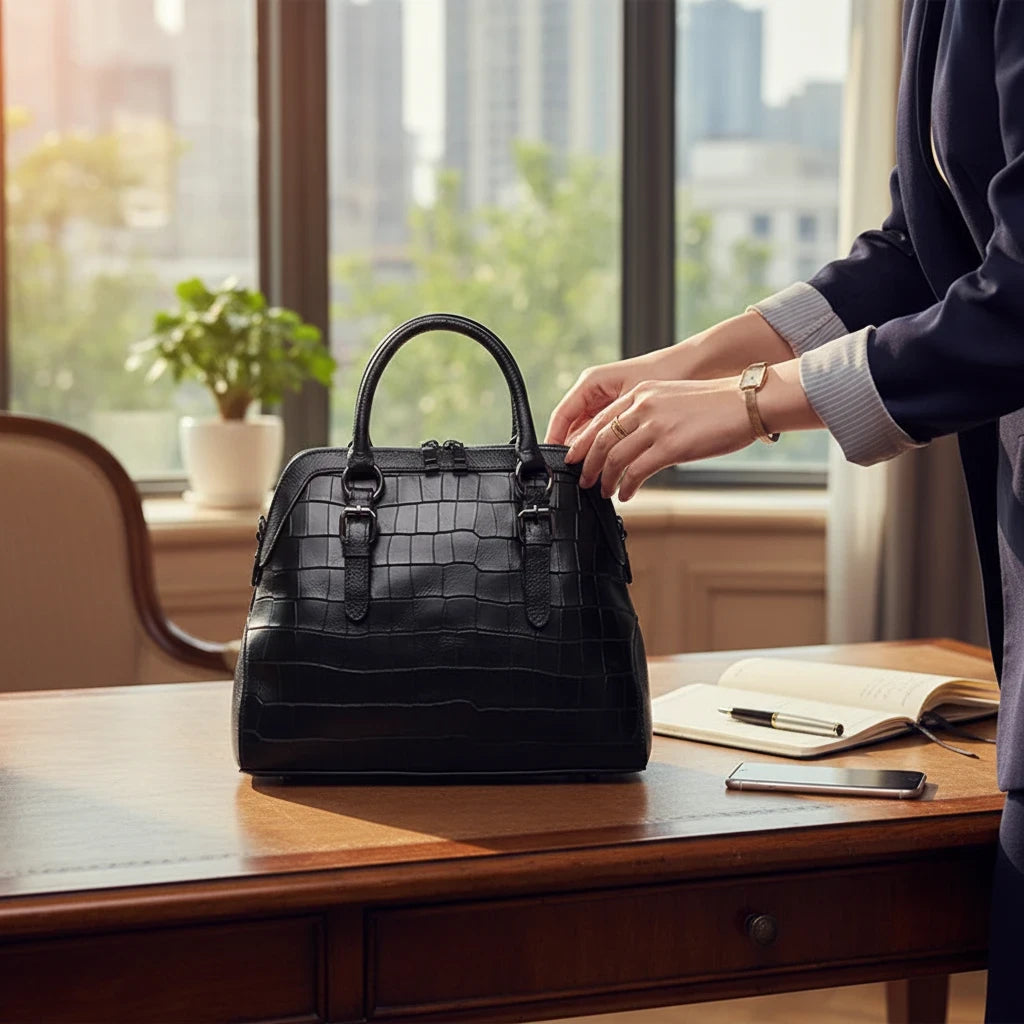 VALENORA Lucienne black crocodile-embossed leather handbag with structured top handles on a wooden office desk.