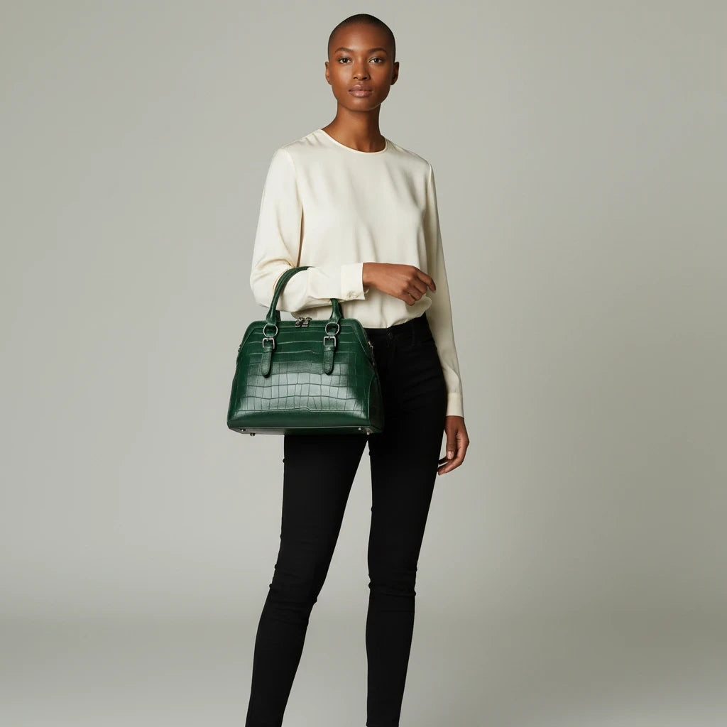 VALENORA Lucienne handbag in dark green crocodile-embossed leather held by a model in a cream blouse and black jeans.
