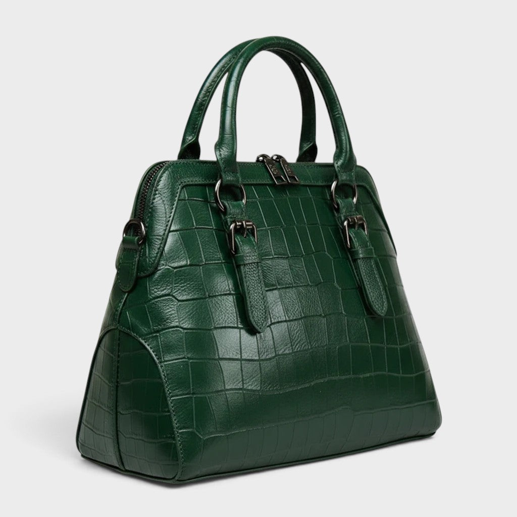VALENORA Lucienne dark green structured leather handbag with a crocodile embossed texture and dual top handles.