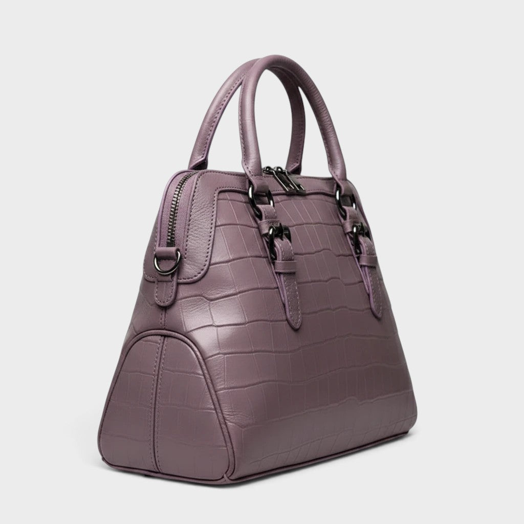 VALENORA Lucienne taro purple structured leather handbag with a crocodile-embossed texture and top handles.