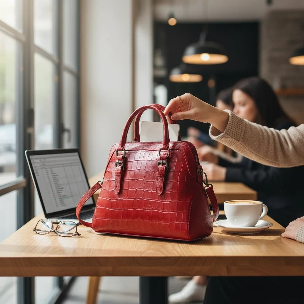 VALENORA Lucienne wine red crocodile-embossed leather handbag sitting on a cafe table with a coffee cup and laptop.