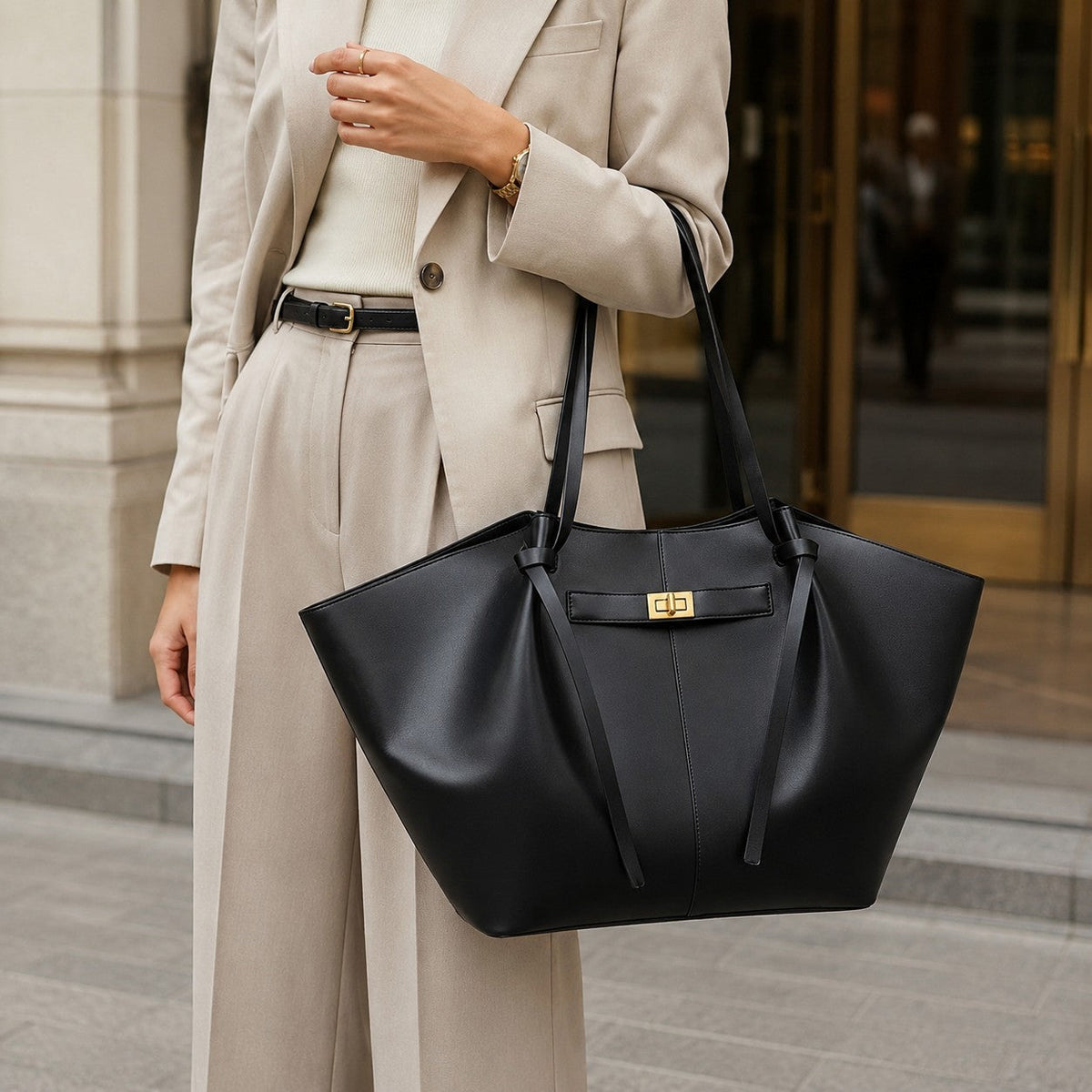 VALENORA Madison black leather tote bag with a sculptural knotted handle and gold hardware held by a woman in a suit.