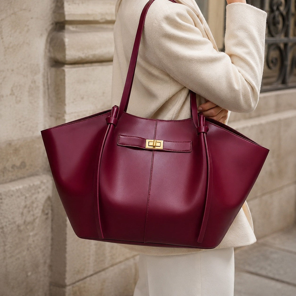 VALENORA Madison burgundy leather tote bag with a knotted top handle and gold turn-lock closure worn over the shoulder.