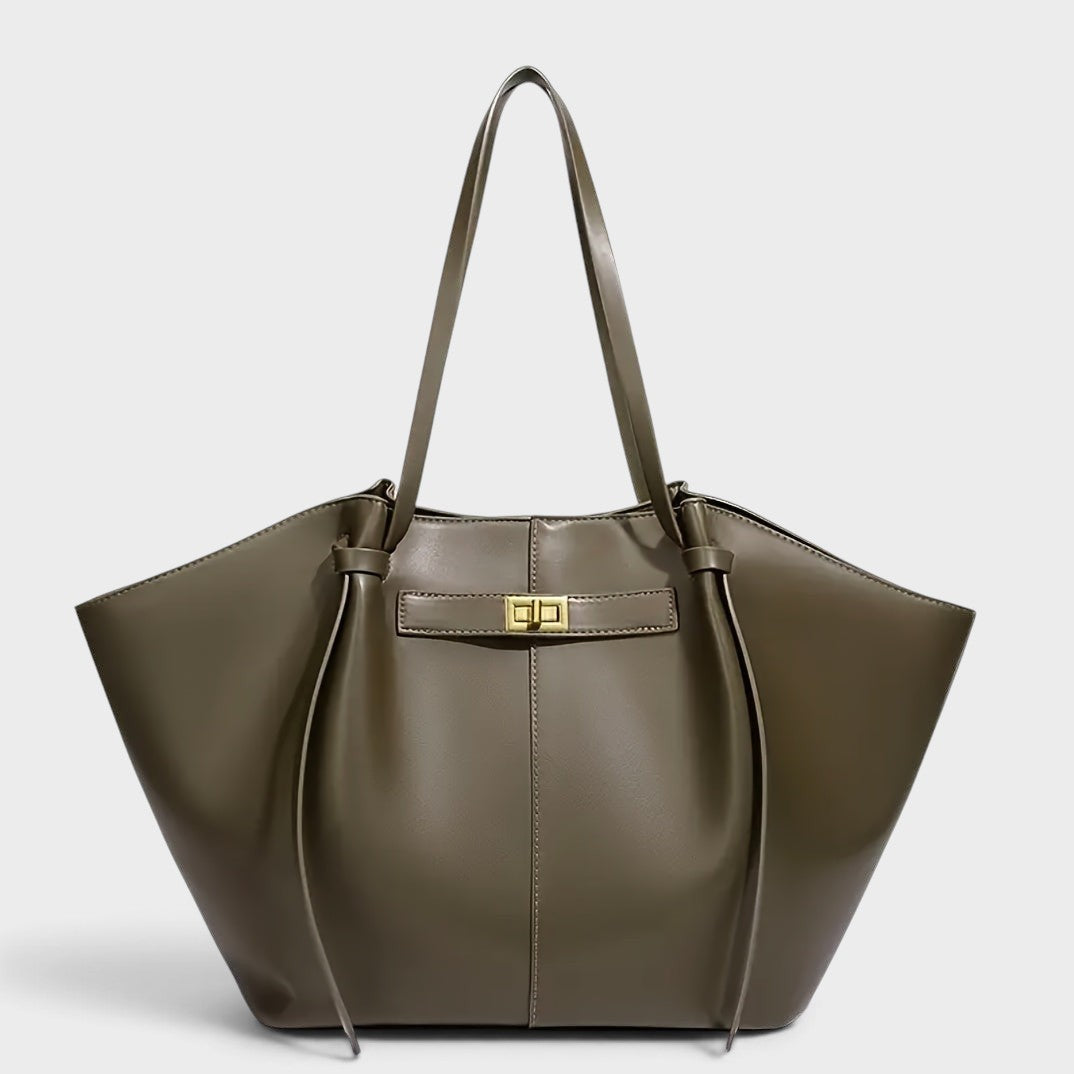 VALENORA Madison leather tote bag in olive green with a sculptural knotted handle and gold-tone turn-lock closure.