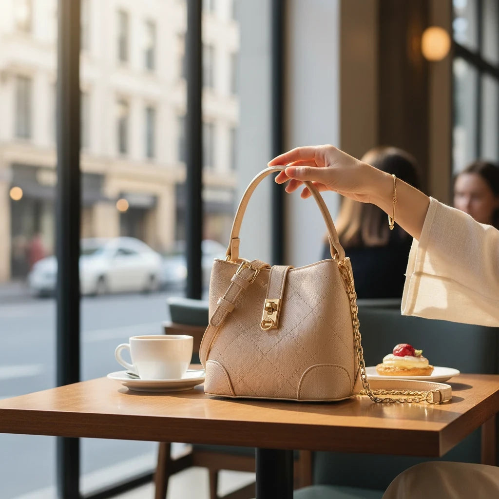 VALENORA Margot beige quilted vegan leather bucket shoulder bag with gold turn-lock closure on a cafe table
