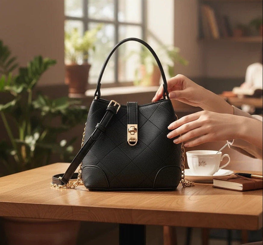 VALENORA Margot black quilted vegan leather bucket shoulder bag with gold turn-lock closure on a cafe table.