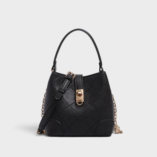 VALENORA Margot black vegan leather bucket bag with quilted diamond texture, gold turn-lock, and side chain detail.
