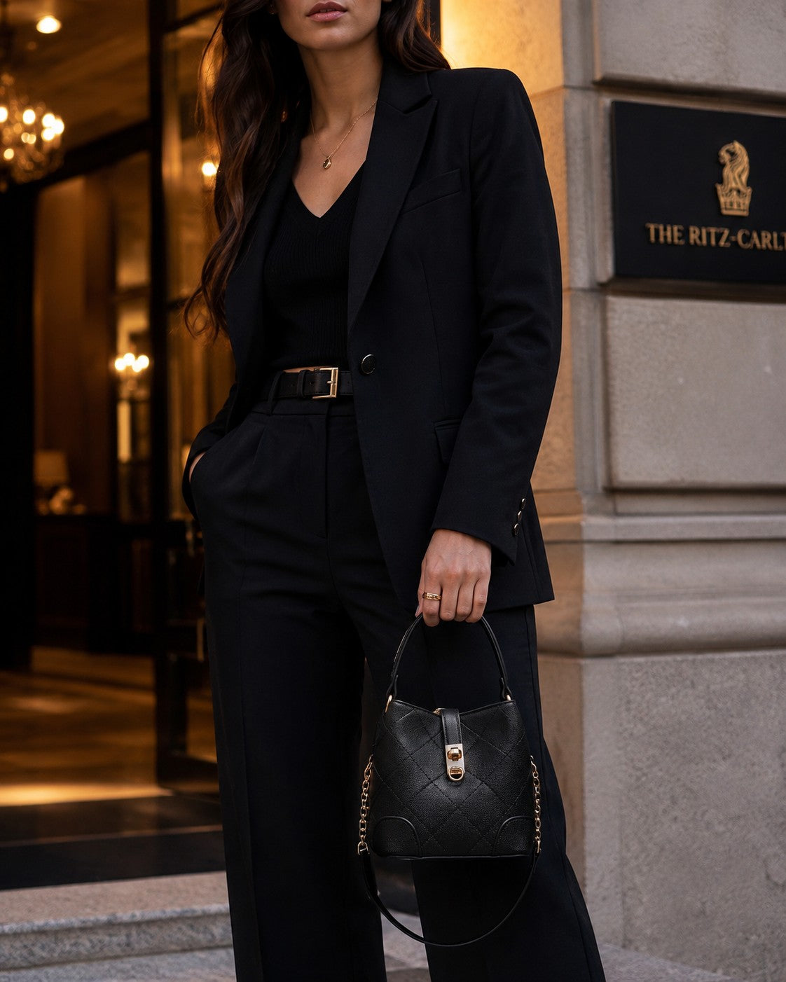 VALENORA Margot black quilted vegan leather bucket bag with gold turn-lock held by a woman in a black suit