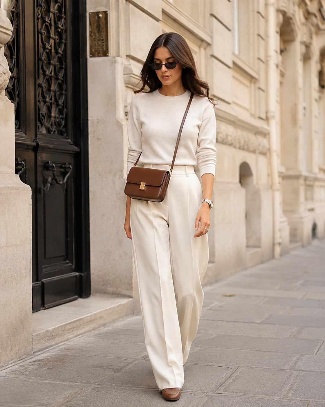 VALENORA Marisa brown cowhide leather shoulder bag with gold buckle worn crossbody by a woman in cream outfit
