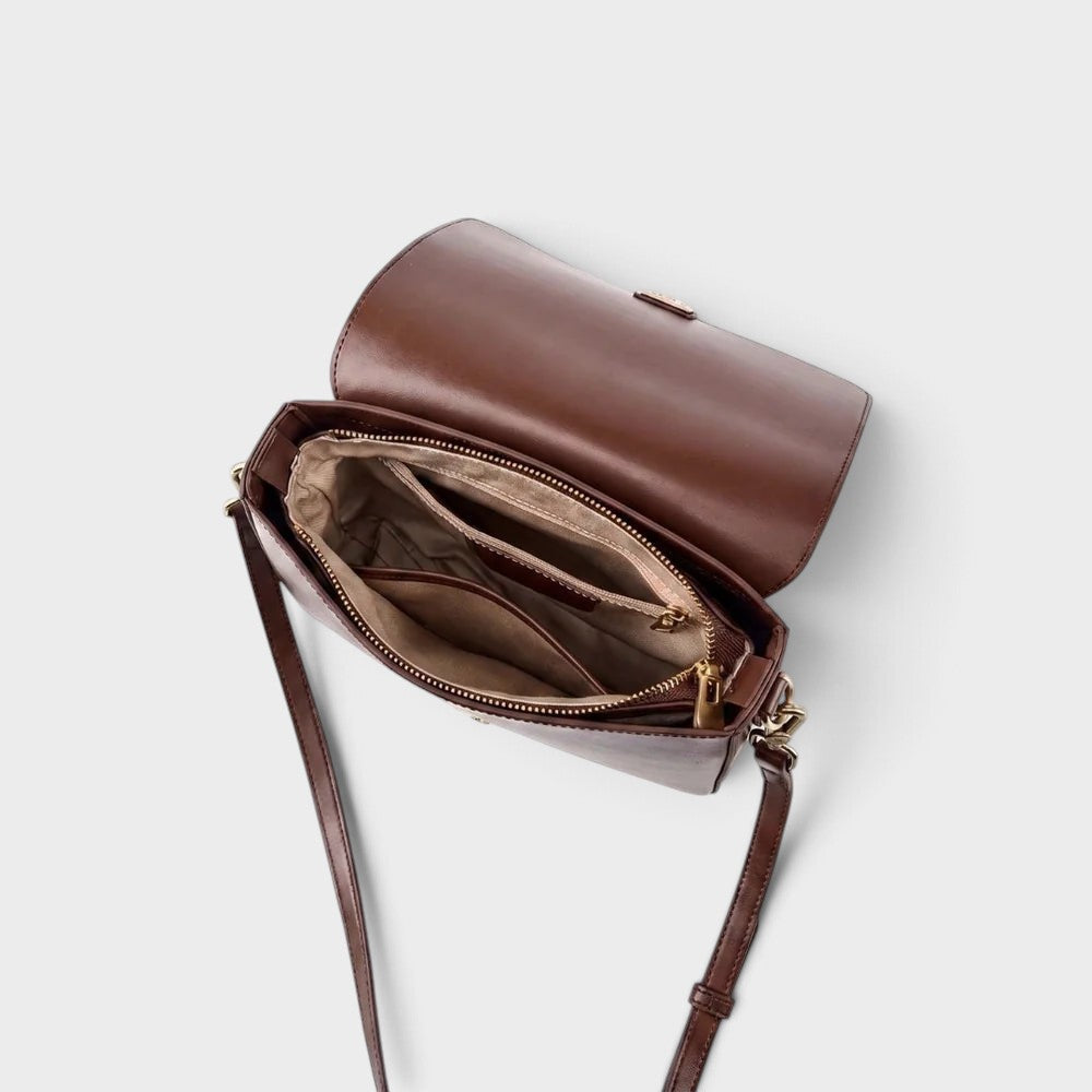 VALENORA Marisa brown cowhide leather shoulder bag with open flap and interior compartments