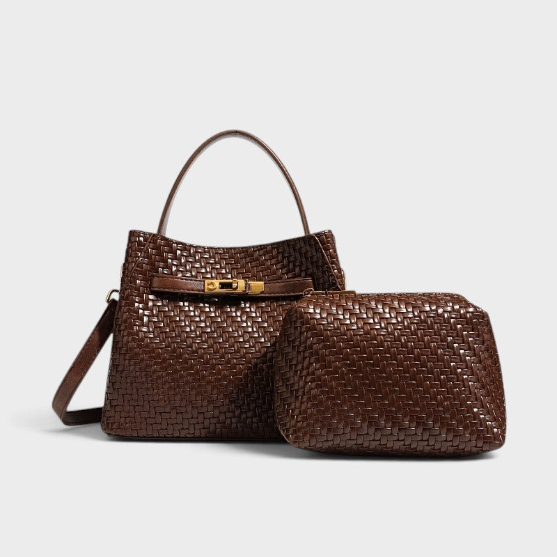 VALENORA Miranda brown woven leather shoulder bag with gold hardware, top handle, and matching zippered pouch.