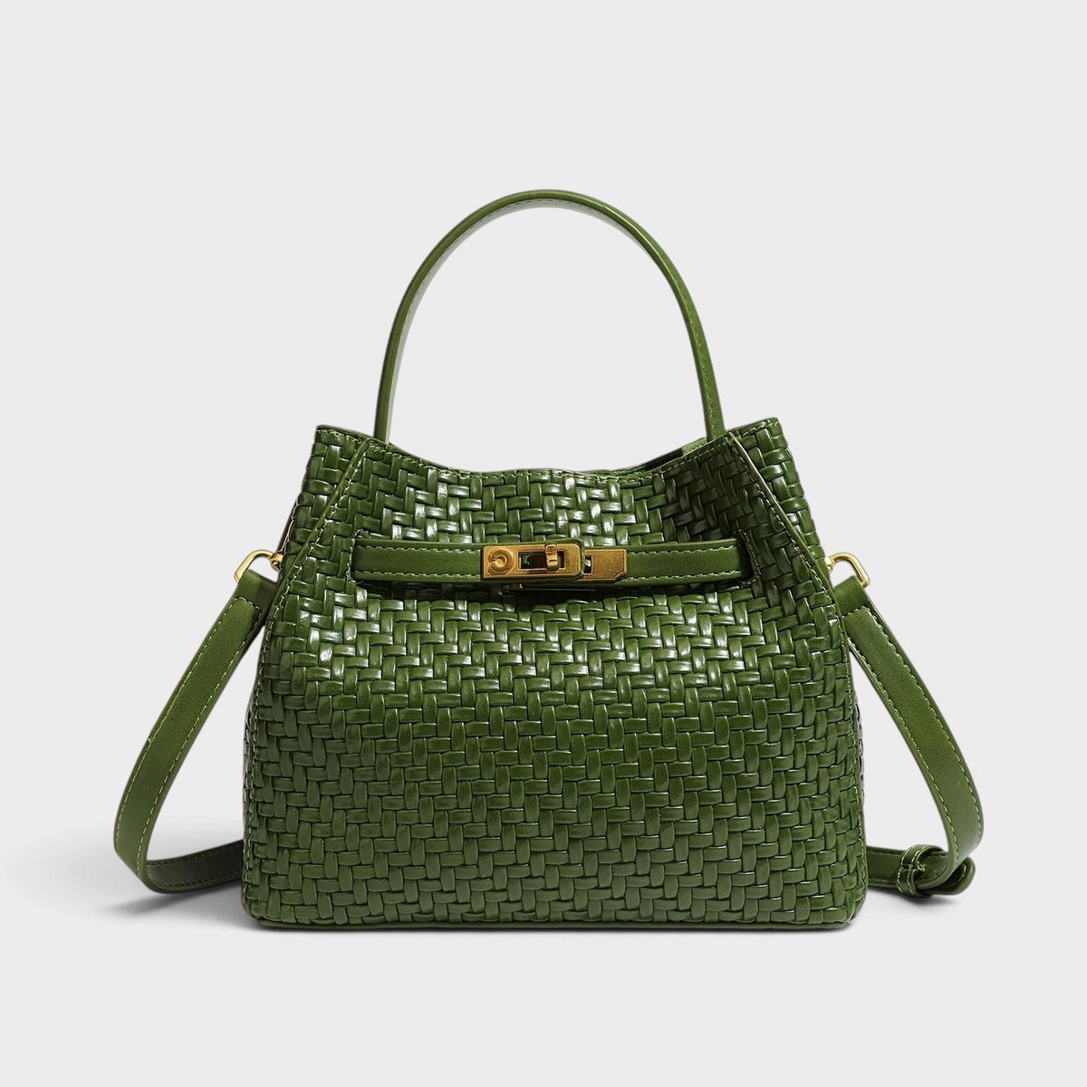 VALENORA Miranda green woven genuine leather shoulder bag with gold hardware, top handle, and adjustable strap.
