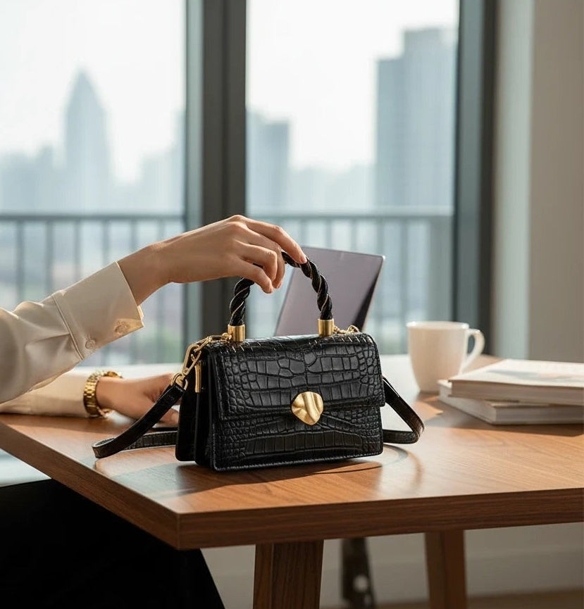 VALENORA Nancy black croc-embossed cowhide leather shoulder bag held by a woman at a desk in a modern office.