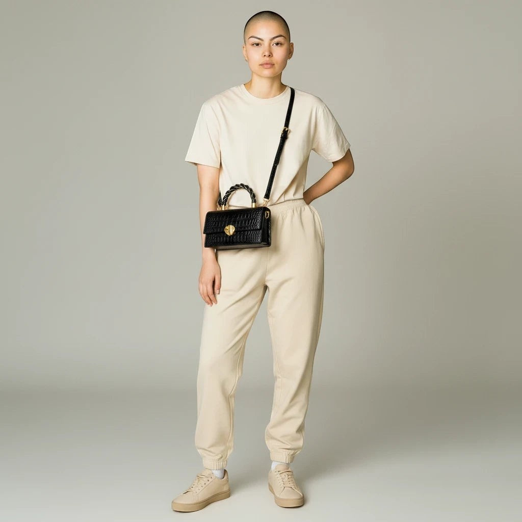 VALENORA Nancy black crocodile-embossed cowhide leather shoulder bag worn by a model in a beige lounge set.