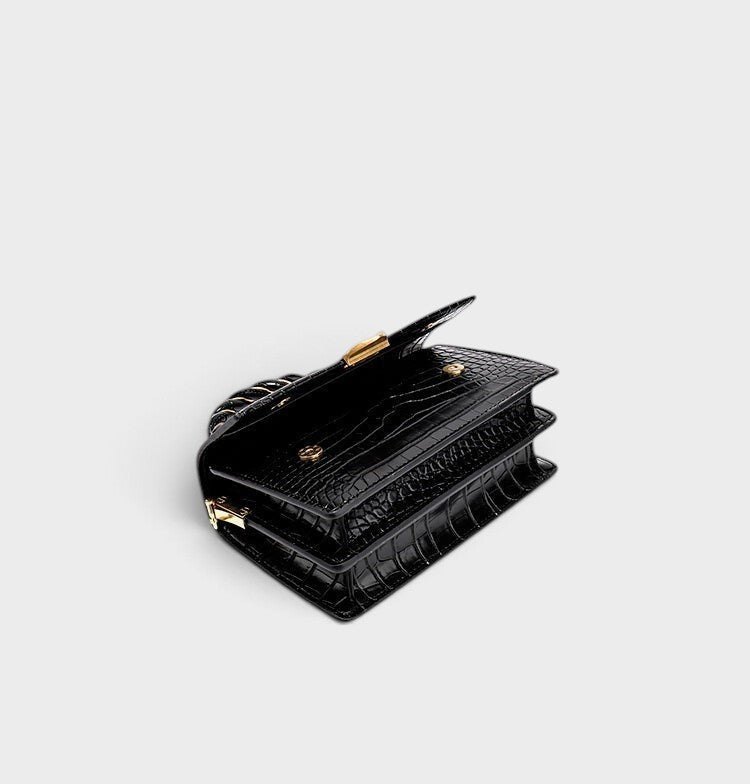 VALENORA Nancy shoulder bag in black croc-embossed cowhide leather with a structured rectangular silhouette.