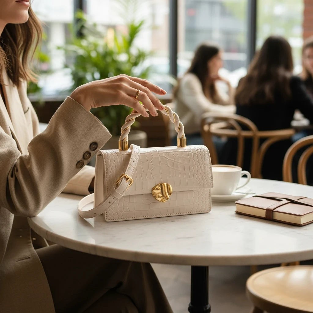 VALENORA Nancy white croc-embossed cowhide leather shoulder bag with gold hardware held by a woman at a cafe table.