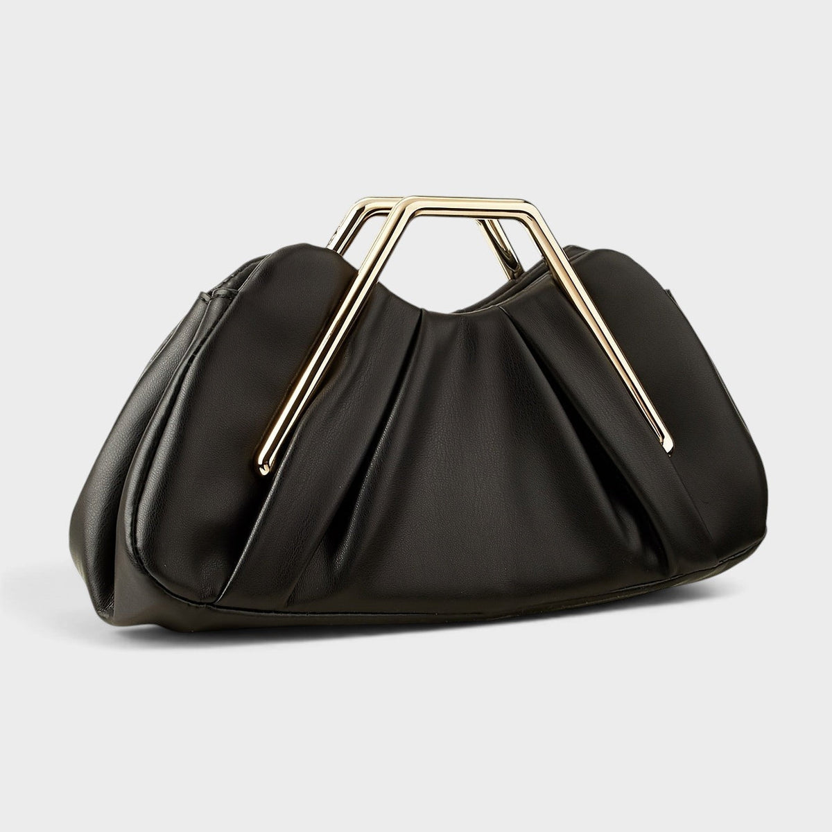 VALENORA Natalie handbag in black pleated vegan leather with a polished gold-tone metal top handle.