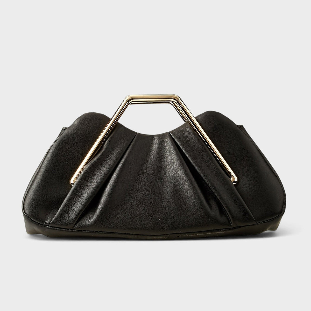 VALENORA Natalie handbag in black pleated vegan leather with a polished gold-tone metal top handle.