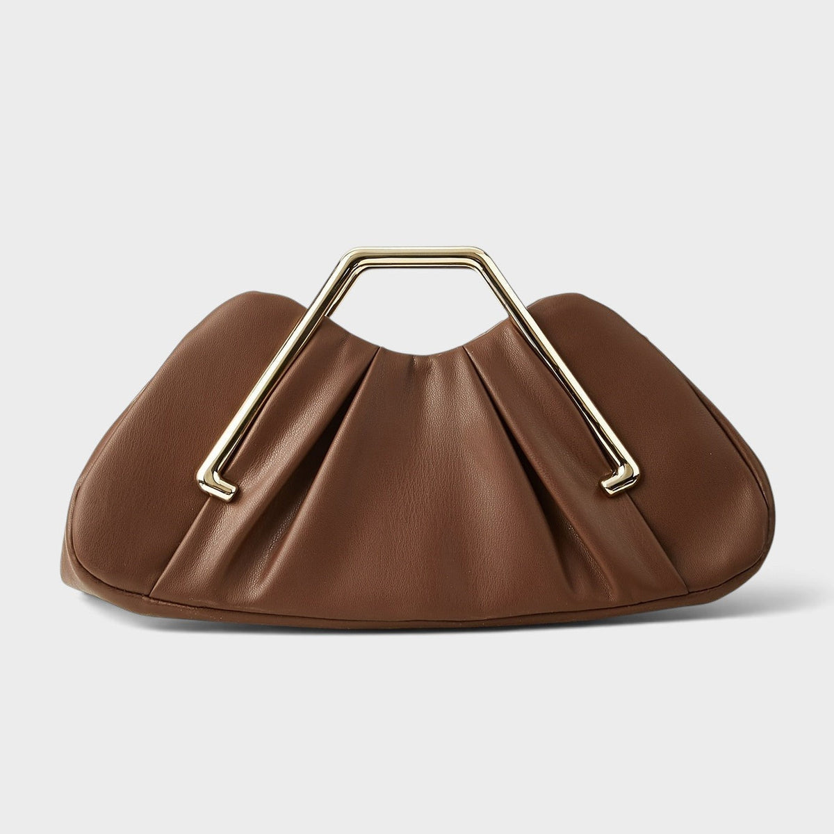 VALENORA Natalie brown pleated vegan leather handbag with a polished gold metal top handle